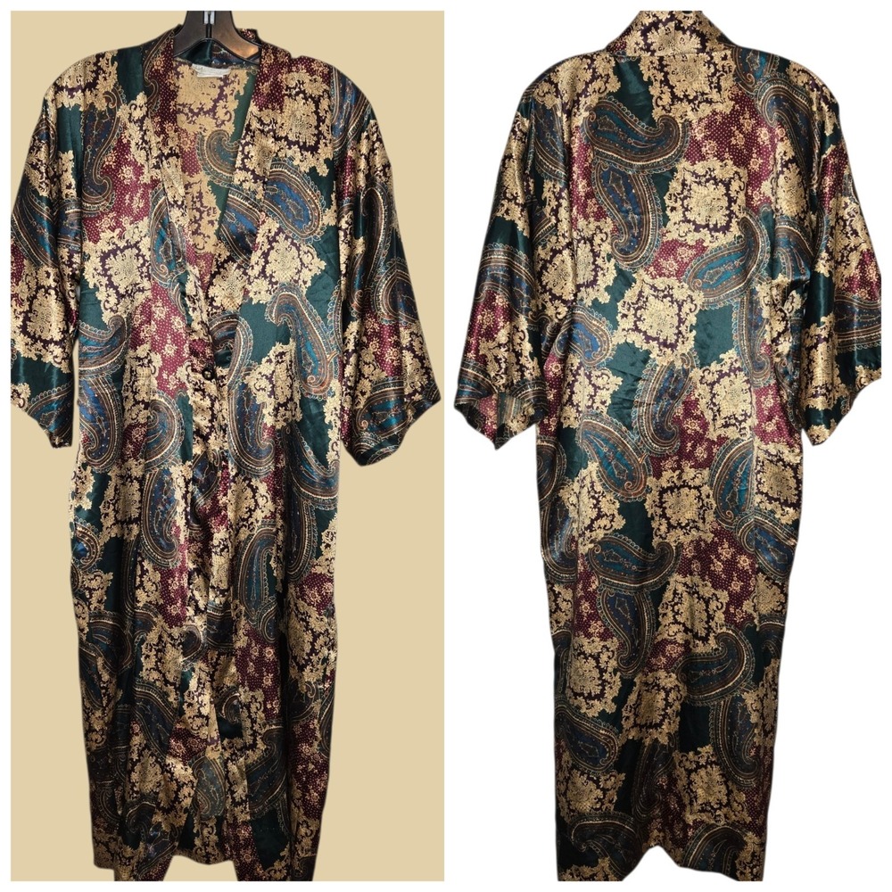 VTG California Dynasty Robe S Duster Green Burgundy Gold Paisley Satin Kimono